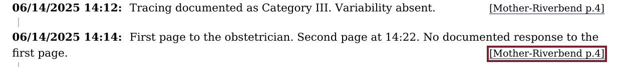 Two summary entries. The second, 06/14/2025 14:14, reads: First page to the obstetrician. Second page at 14:22. No documented response to the first page. It cites Mother-Riverbend p.4.